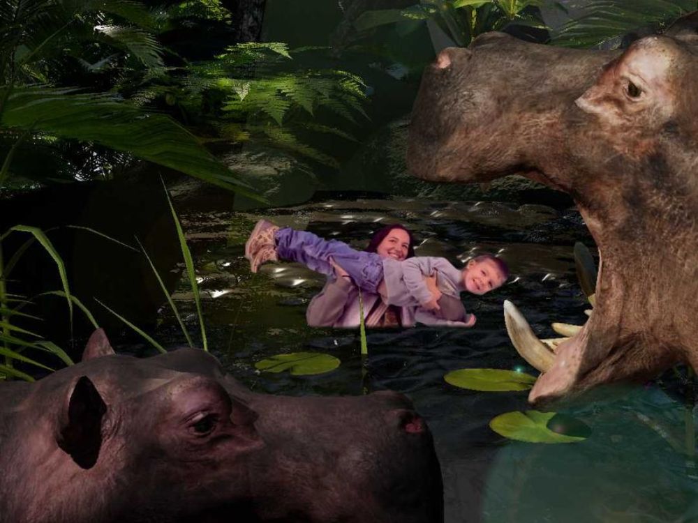 Projectogram featuring mom and son with hippos at Hologram Zoo in Easton, PA Projectogram featuring mom and son with hippos at Hologram Zoo in Easton, PA